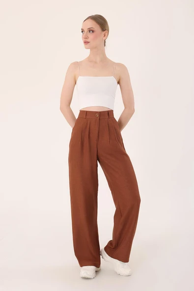 Kadın Kahverengi Yüksek Bel Keten Palazzo Pantolon - 5