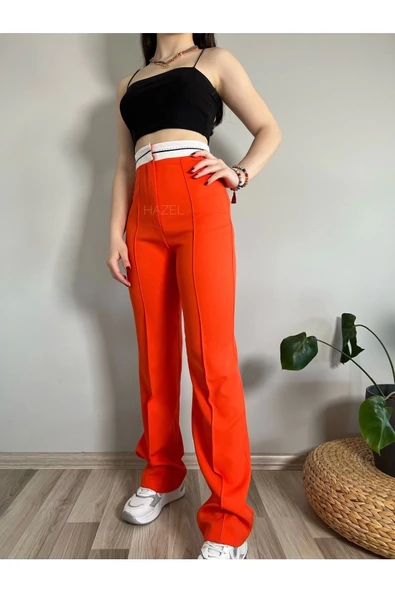 Kadın Turuncu Yüksek Bel Kemer Detaylı Pantolon - 3