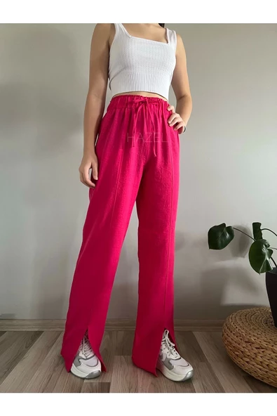 Kadın Fuşya Yüksek Bel Önden yırtmaçlı Keten Pantolon - 5