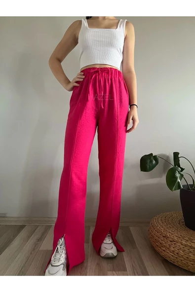 Kadın Fuşya Yüksek Bel Önden yırtmaçlı Keten Pantolon - 2
