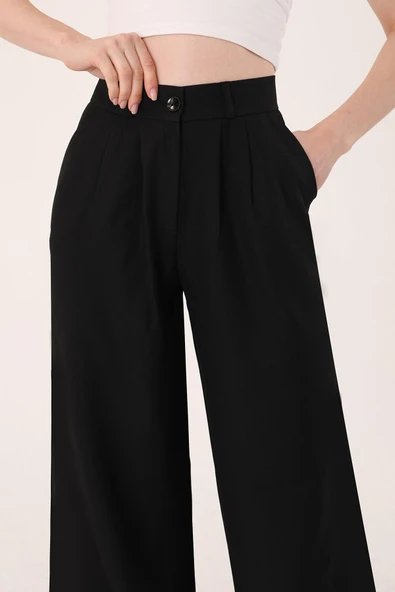 Kadın Siyah Yüksek Bel Keten Palazzo Pantolon - 4