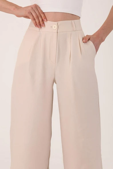 Kadın Taş Yüksek Bel Keten Palazzo Pantolon - 4