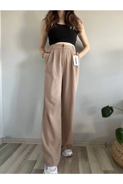 Kadın Vizon Yüksek Bel Keten Palazzo Pantolon - 4