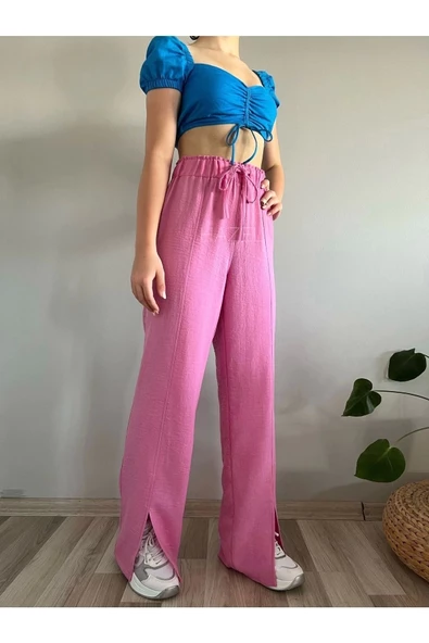Kadın Pembe Yüksek Bel Önden yırtmaçlı Keten Pantolon - 5