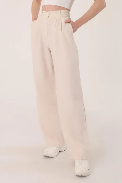 Kadın Taş Yüksek Bel Keten Palazzo Pantolon - 5
