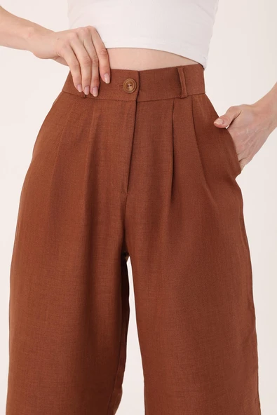 Kadın Kahverengi Yüksek Bel Keten Palazzo Pantolon - 3