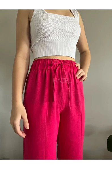 Kadın Fuşya Yüksek Bel Önden yırtmaçlı Keten Pantolon - 4