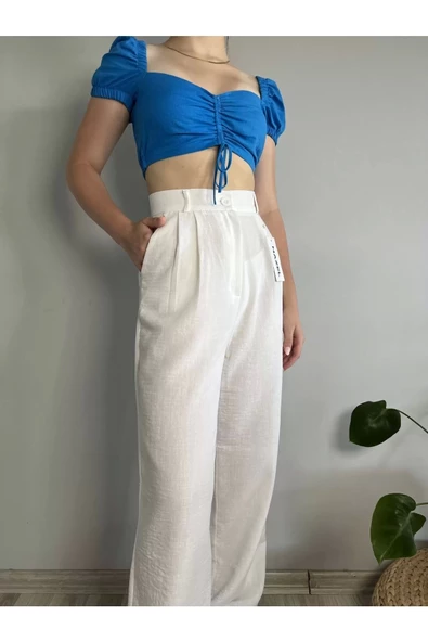 Kadın Beyaz Yüksek Bel Keten Palazzo Pantolon - 4