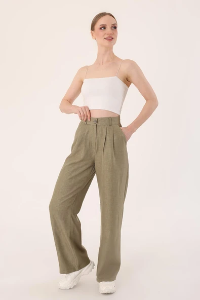 Kadın Haki Yüksek Bel Keten Palazzo Pantolon - Resim 2