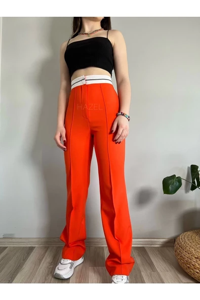 Kadın Turuncu Yüksek Bel Kemer Detaylı Pantolon - 2