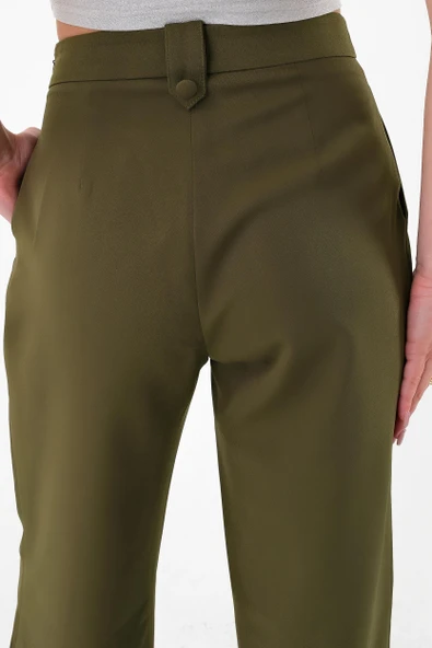 Kadın Haki Apoletli Yüksek Bel Palazzo Pantolon - 5