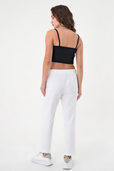 Kadın Beyaz Beli Lastikli Dar Kesim Pantolon - 3