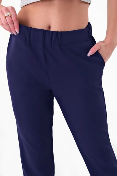 Kadın Lacivert Beli Lastikli Dar Kesim Pantolon - 5