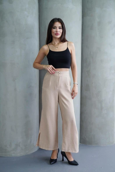 Kadın Taş Keten Yırtmaçlı Yüksek Bel Palazzo Pantolon