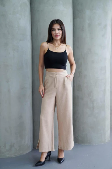 Kadın Taş Keten Yırtmaçlı Yüksek Bel Palazzo Pantolon - 3