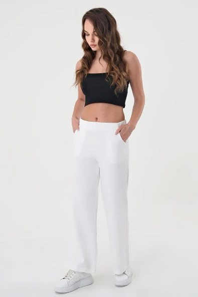 Kadın Beyaz Lastikli Palazzo Pantolon
