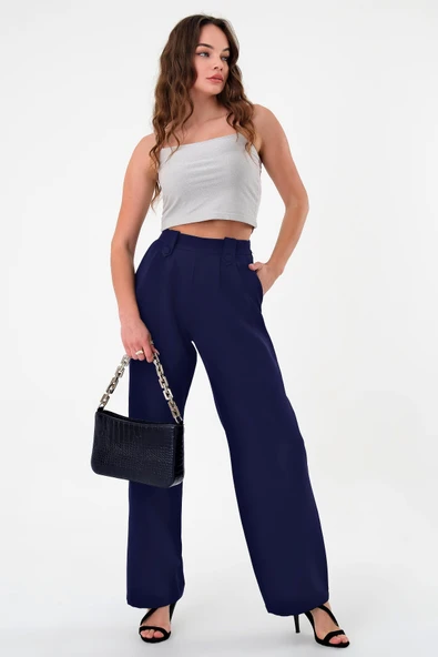 Kadın Lacivert Apoletli Yüksek Bel Palazzo Pantolon