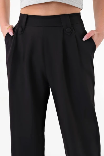 Kadın Siyah Apoletli Yüksek Bel Palazzo Pantolon - 2
