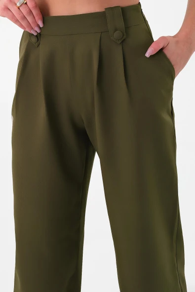 Kadın Haki Apoletli Yüksek Bel Palazzo Pantolon - 2