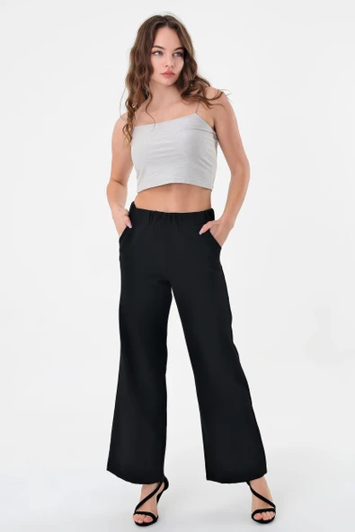 Kadın Siyah Lastikli Palazzo Pantolon - 2