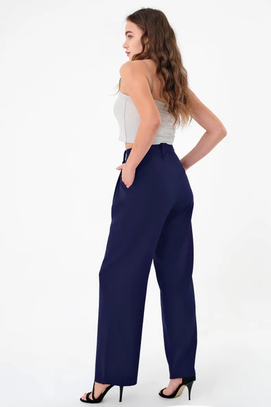 Kadın Lacivert Apoletli Yüksek Bel Palazzo Pantolon - 5