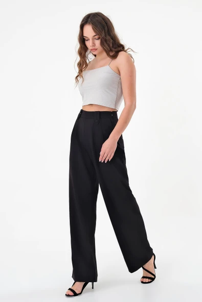 Kadın Siyah Apoletli Yüksek Bel Palazzo Pantolon - 4