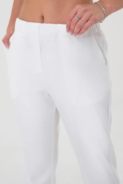 Kadın Beyaz Beli Lastikli Dar Kesim Pantolon - 5
