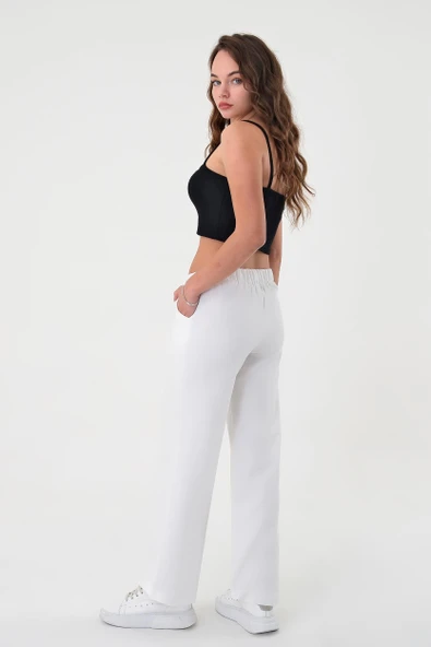 Kadın Beyaz Lastikli Palazzo Pantolon - 4