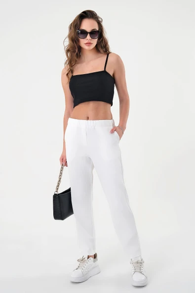 Kadın Beyaz Beli Lastikli Dar Kesim Pantolon - 4