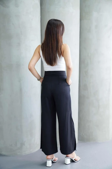 Kadın Siyah Keten Yırtmaçlı Yüksek Bel Palazzo Pantolon - 4