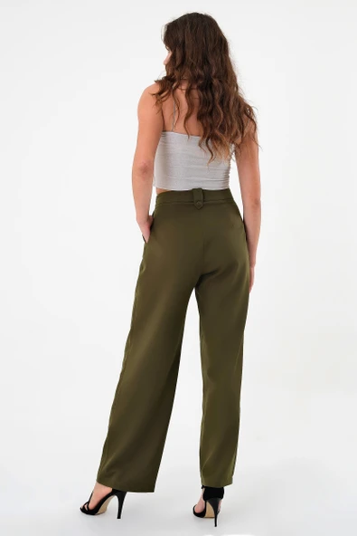 Kadın Haki Apoletli Yüksek Bel Palazzo Pantolon - 4