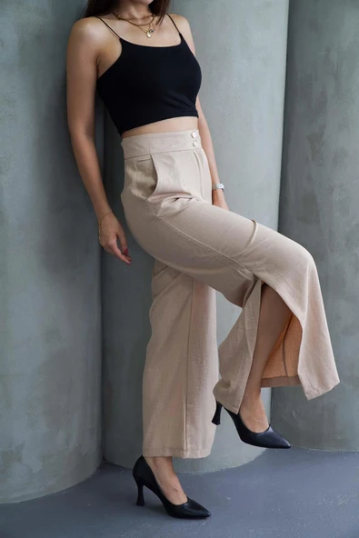 Kadın Taş Keten Yırtmaçlı Yüksek Bel Palazzo Pantolon - 2