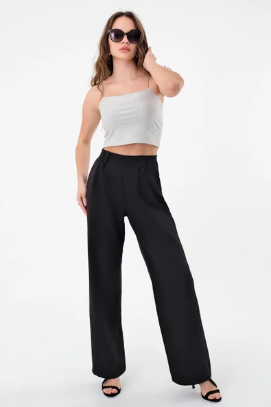 Kadın Siyah Apoletli Yüksek Bel Palazzo Pantolon - 3