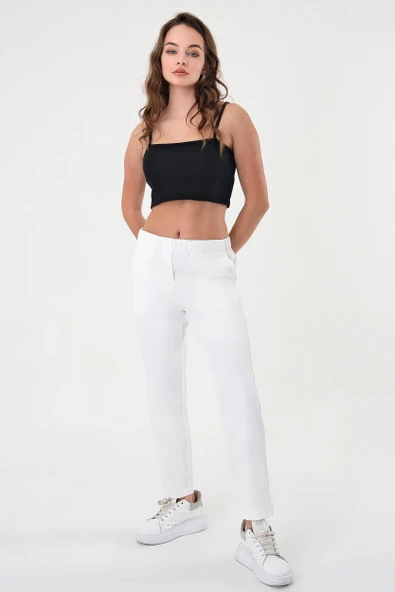 Kadın Beyaz Beli Lastikli Dar Kesim Pantolon - 2