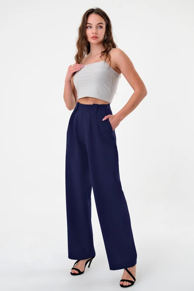 Kadın Lacivert Apoletli Yüksek Bel Palazzo Pantolon - 4