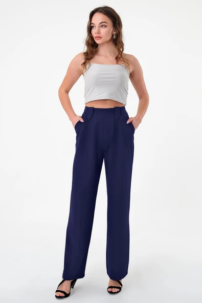 Kadın Lacivert Apoletli Yüksek Bel Palazzo Pantolon - 3
