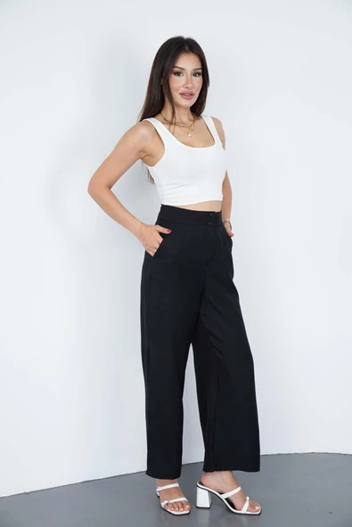 Kadın Siyah Keten Yırtmaçlı Yüksek Bel Palazzo Pantolon - 3
