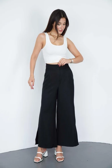 Kadın Siyah Keten Yırtmaçlı Yüksek Bel Palazzo Pantolon - 2