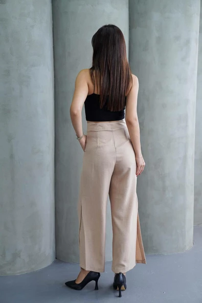 Kadın Taş Keten Yırtmaçlı Yüksek Bel Palazzo Pantolon - 4