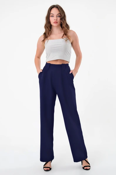 Kadın Lacivert Apoletli Yüksek Bel Palazzo Pantolon - 2