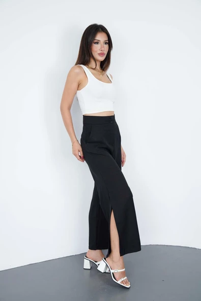 Kadın Siyah Keten Yırtmaçlı Yüksek Bel Palazzo Pantolon