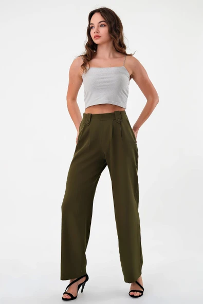 Kadın Haki Apoletli Yüksek Bel Palazzo Pantolon - 3