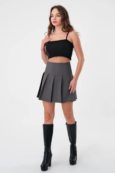 Antrasit Kadın Pileli Dokuma Mini Etek - 3