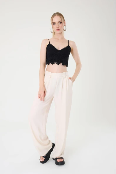 Kadın Taş Keten Düğmeli Yüksek Bel Palazzo Pantolon - 2