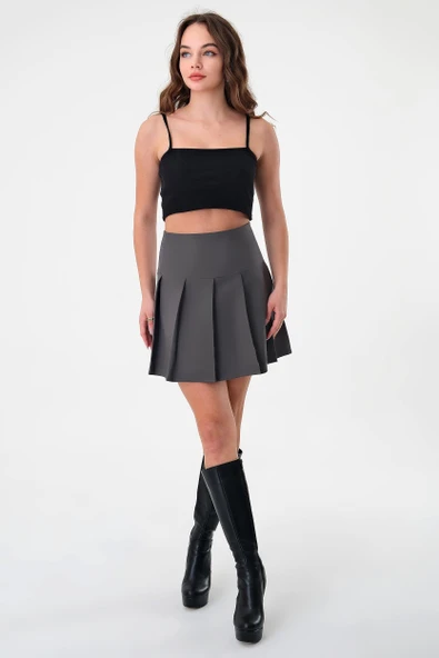Antrasit Kadın Pileli Dokuma Mini Etek