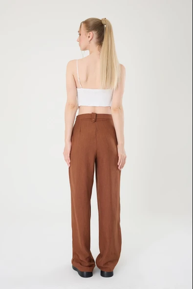 Kadın Kahverengi Keten Düğmeli Yüksek Bel Palazzo Pantolon - 5