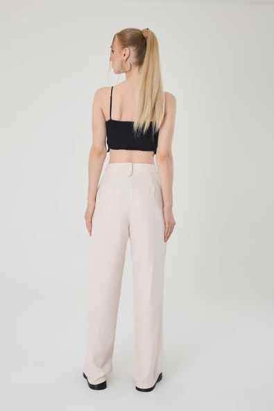 Kadın Taş Keten Düğmeli Yüksek Bel Palazzo Pantolon - 5