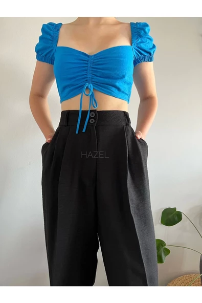 Kadın Siyah Yüksek Bel Keten Balon Pantolon - 2