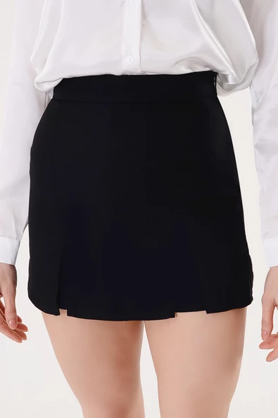 Siyah Keten Karışımlı Çift Yırtmaçlı Şort Etek - 5