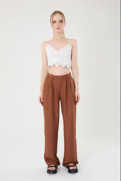 Kadın Kahverengi Keten Düğmeli Yüksek Bel Palazzo Pantolon